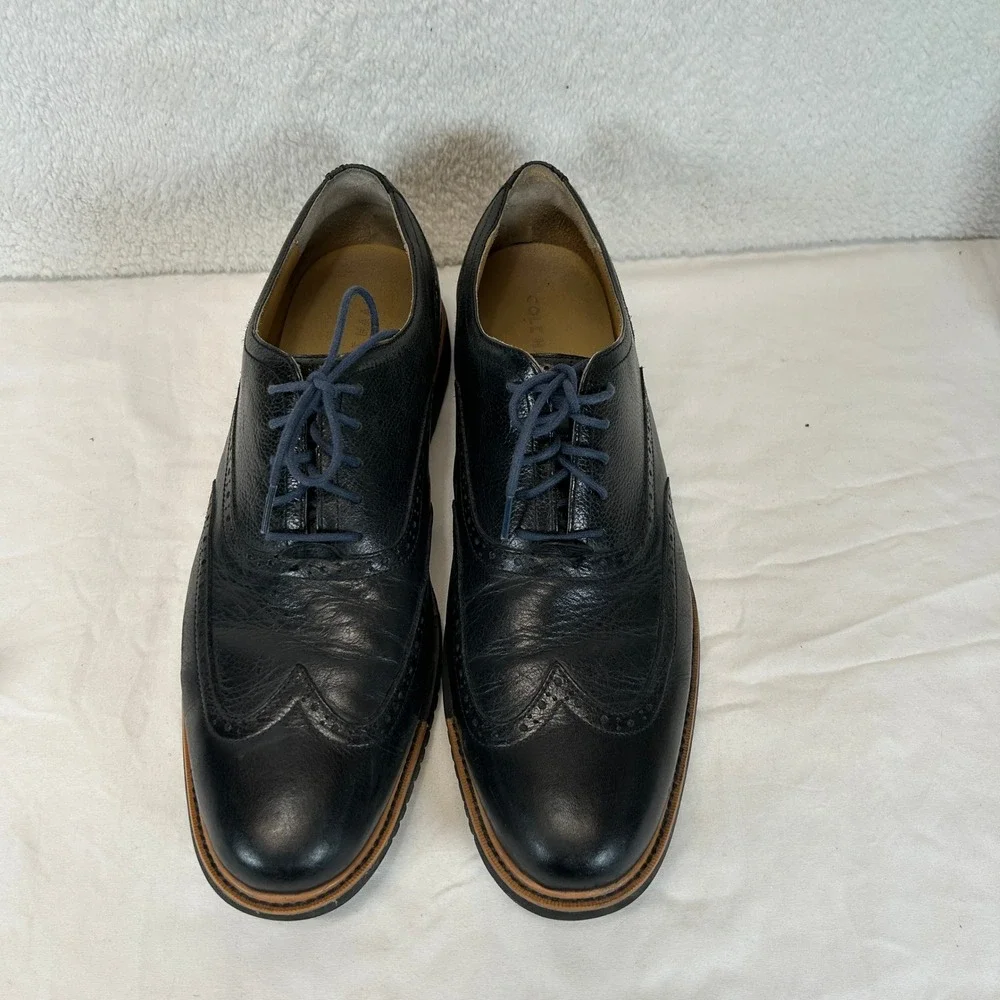 Cole Haan Mens Black Pebbled Leather Wingtip Oxford Dress Shoes Size 13